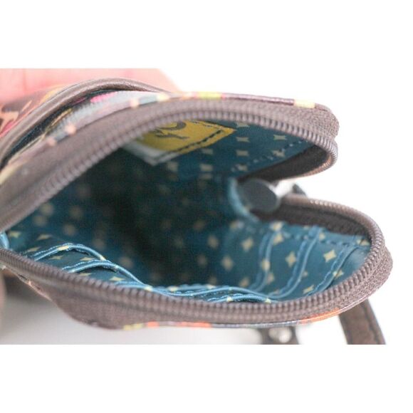 Fossil Key-Per COATED BROWN CANVAS FLORAL PRINT ID BILL CARD ZIP WALLET WRISTLET - Picture 5 of 9